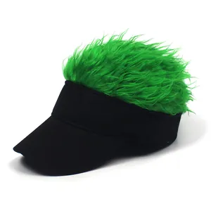 Detail view of the neon green faux hair top on a black cotton baseball hip-hop cap