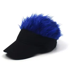 Detail view of the black baseball cap featuring vibrant blue spiky faux hair on top