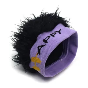 Funny pet knit hat with HAPPY letter headband and messy black synthetic hair