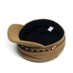 Brown checkered wool newsboy cap with chain detail and internal lining 58cm