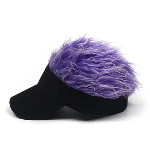 Detail of creative black visor cap featuring thick purple synthetic wig hair on top