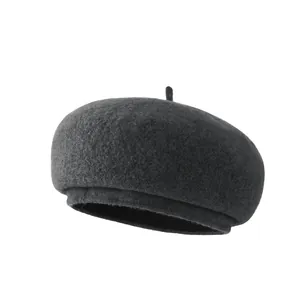 Minimalist dark grey wool beret hat for women featuring a retro folded edge design