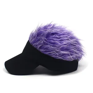 Side view of black sun visor with fluffy long purple synthetic hair on top