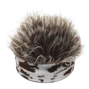 Close-up of fluffy grey-brown synthetic hair wig with camouflage knit pattern headband