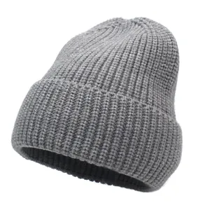 Minimalist grey cashmere blend knit beanie featuring a classic ribbed texture and folded cuff