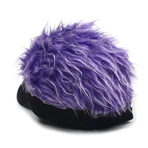 Detail of creative baseball cap featuring long purple faux fur wig on black cotton base
