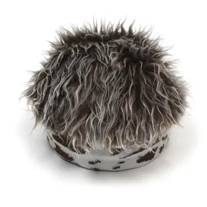 Detail of grey knitted base with fluffy brown faux hair top for funky hip-hop street style