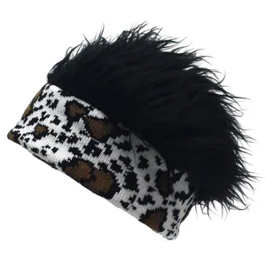 Lustiges Stirnband mit Leopardenmuster und flauschiger schwarzer Perücke für Damen und Herren