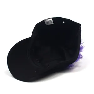 Funny black baseball cap featuring vibrant purple wig hair hair on top for hip-hop style