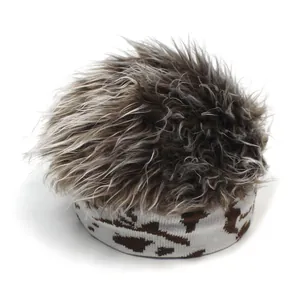 Men's hip hop knitted wig hat with fluffy brown faux fur and animal print headband