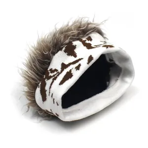 White colorblock knit beanie with faux hair top for hip hop and sports fashion style