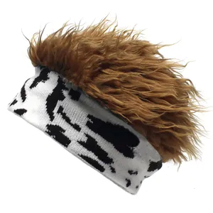 Creative cow pattern knit headband wig cap with brown long faux fur top for hip-hop style
