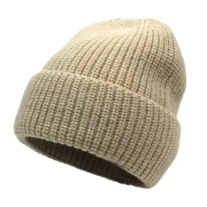 Close-up of beige cotton-cashmere beanie showing thick ribbed knit texture and folded cuff