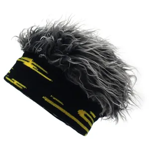 Grey synthetic wig knit beanie with hip-hop style embroidery on black headband