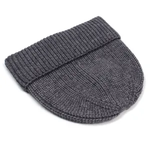 Detailed view of dark grey knitted beanie with classic ribbed texture and folded cuff