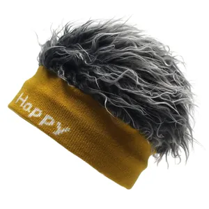 Bonnet tricoté Happy jaune gingembre avec perruque pour fête et chaleur hivernale