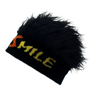 Hip hop beanie with fake hair wig and SMILE letter embroidery on black knitted fabric