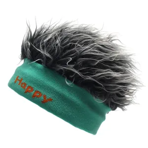 Bonnet Bandeau Tricoté avec Perruque Drôle Broderie Lettres Happy Fantaisie Fête Perruque Beanie Chaud Streetwear Hip Hop Unisexe
