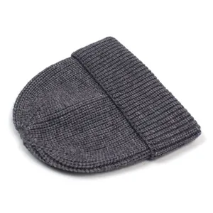 Detailed view of dark grey ribbed knit beanie showing soft wool texture and folded cuff