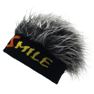 Creative knitted beanie with grey wig hair and yellow SMILE text embroidery