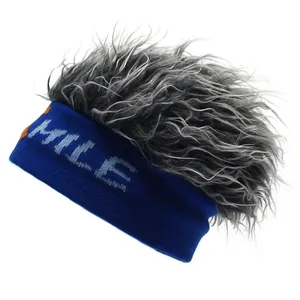 Blue knit beanie with gray fake hair wig and SMILE lettering for hip-hop sports fashion