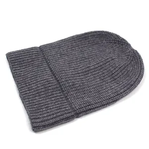 Close-up of chunky ribbed knit texture and cuff detail on dark grey wool beanie