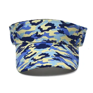 Detail view of the breathable canvas fabric with blue camouflage print on sun visor hat