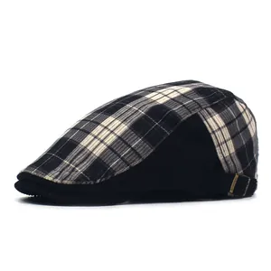 Autumn winter warm plaid beret cap with adjustable metal buckle on white background