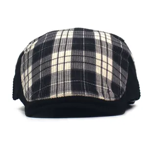 Winter unisex thick beret hat featuring vintage black and white plaid pattern with visor