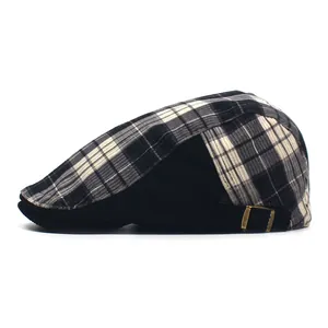Plaid patchwork newsboy cap with corduroy brim and adjustable metal buckle