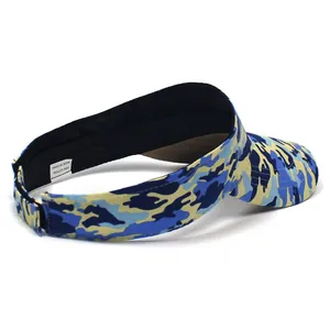Close-up of camouflage sun visor hat with blue camo print and 100% cotton tag detail