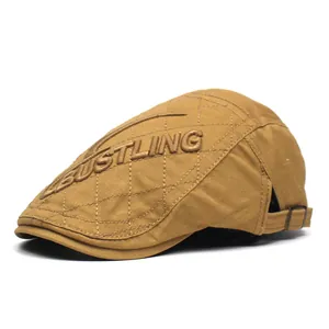 Men's Cotton Flat Cap Vintage Quilted Diamond Pattern Newsboy Hat With Embroidered Letter BUSTLING Adjustable Metal Buckle Casual Beret
