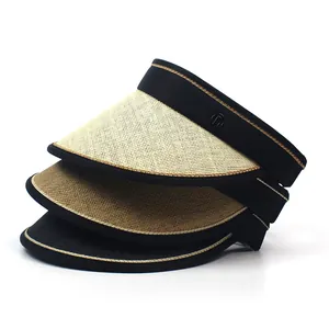 Detail of multi-color straw sun visors with flexible headbands and metal logo accents