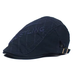 Men's cotton flat cap with diamond quilting, bustle embroidery and adjustable metal buckle