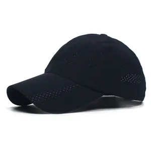 Detail of laser-perforated breathable mesh fabric on black quick-dry sports cap