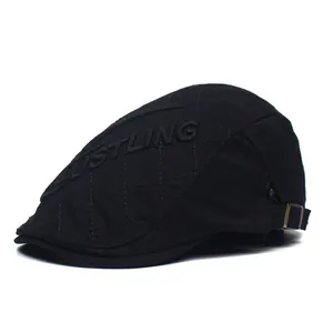 Men's black cotton flat cap with quilted diamond pattern and side letter embroidery