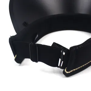 Black foldable PVC sun visor with adjustable elastic strap and cream decorative stitching
