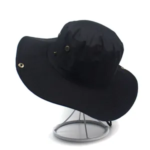 Solid black wide brim sun hat with adjustable windproof cord for hiking and fishing