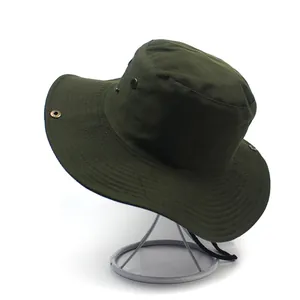 Solid deep green wide brim sun hat with adjustable wind cord for outdoor hiking and fishing