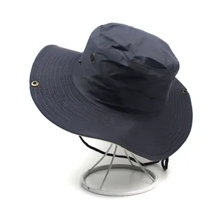 Navy blue wide brim outdoor sun hat with adjustable wind strap for fishing and hiking