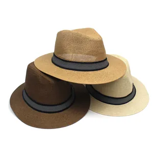 Women wide brim straw sun hat set in khaki and beige with striped decorative ribbon