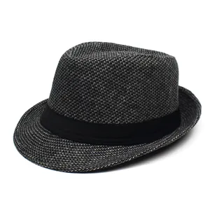 Men Vintage Polycotton Fedora Hat Wave Pattern Jazz Cap With Black Ribbon Decoration Wide Brim Sun Protection Dress Hat