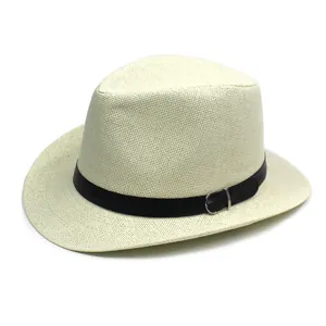 Summer men's straw Panama hat in cream white with black leather belt and silver buckle