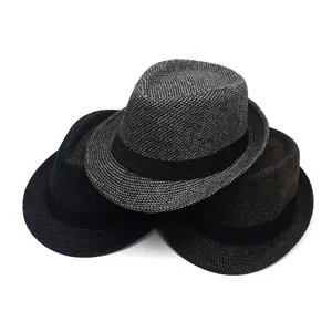 Three classic woven fedora hats in black, gray, and brown with black decorative bands