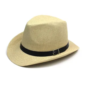 Classic beige Panama straw hat with black leather band and metal buckle for sun protection