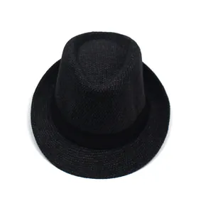 Top view of a black woven fedora hat with a classic wide ribbon and indented crown