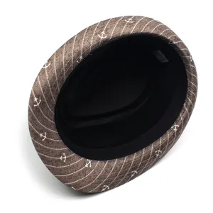 Brown trilby hat with white anchor patterns and braided rope trim for men