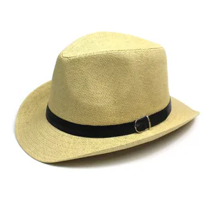 Classic straw Panama hat for men with black leather belt and silver buckle, white background