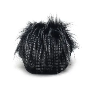 Hip hop style baseball cap with black and grey faux fur wig detail on white background