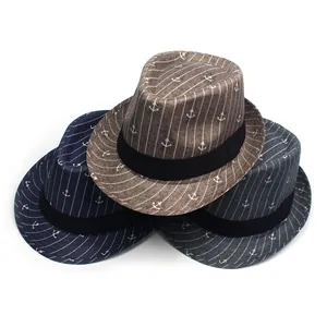 Classic men's trilby fedora hats with anchor patterns in brown, navy, and dark grey colors